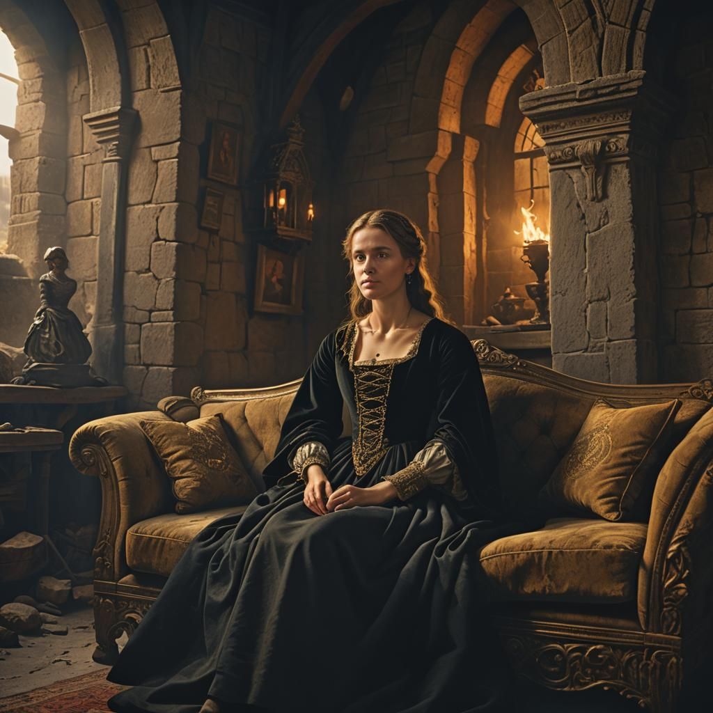 Cinematic Medieval Scene with Woman on Sofa