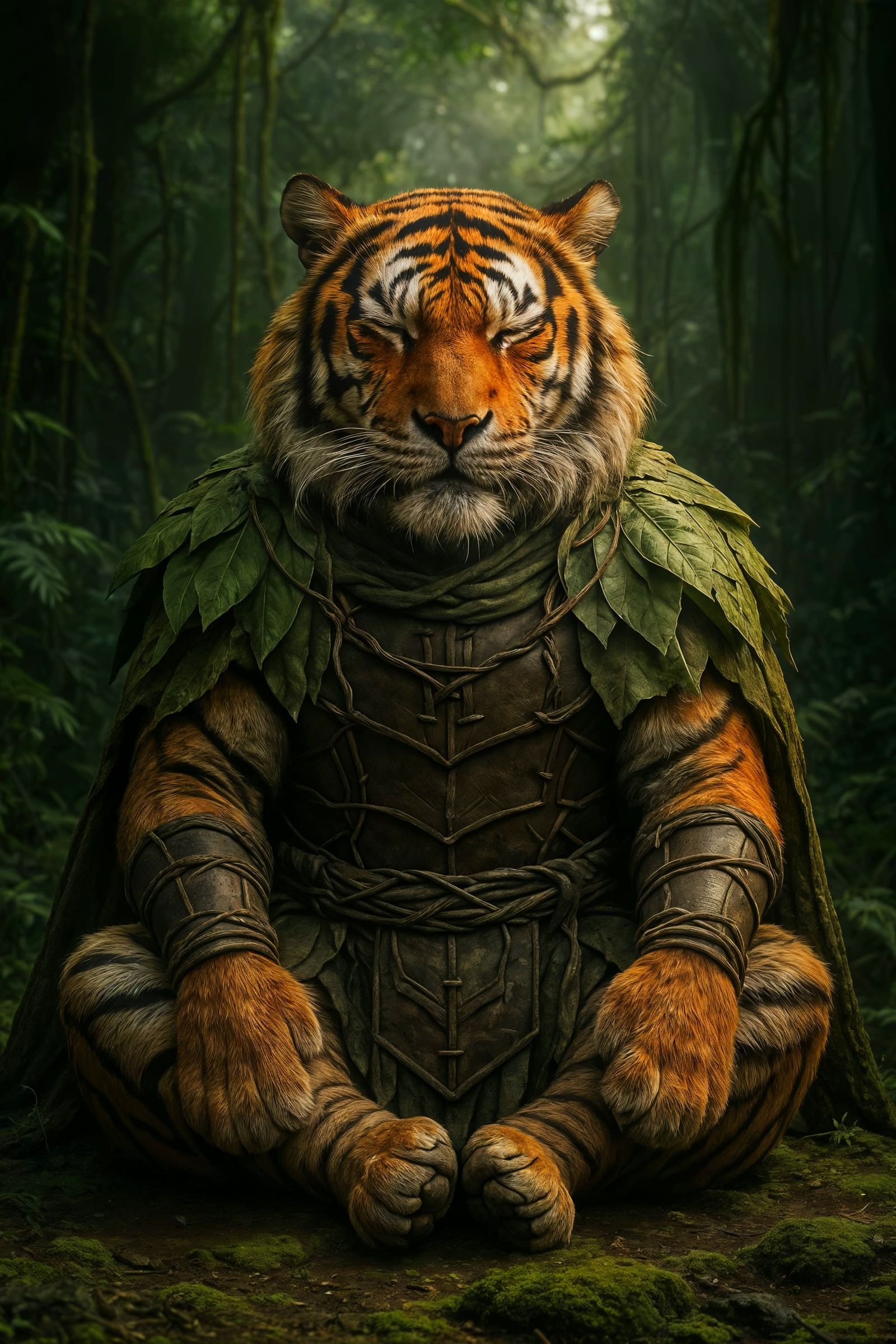 Meditative Armored Tiger in Mystical Jungle