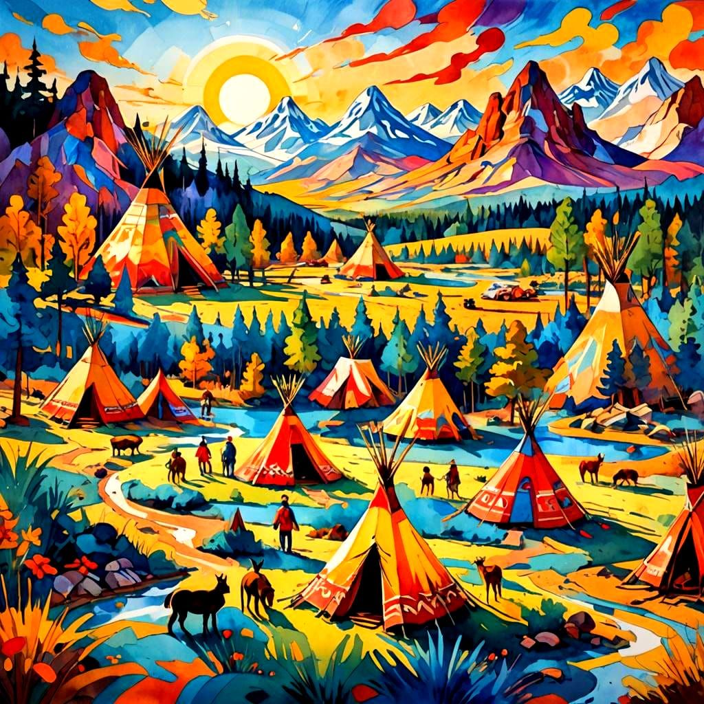 Native American Campground in Watercolor Style