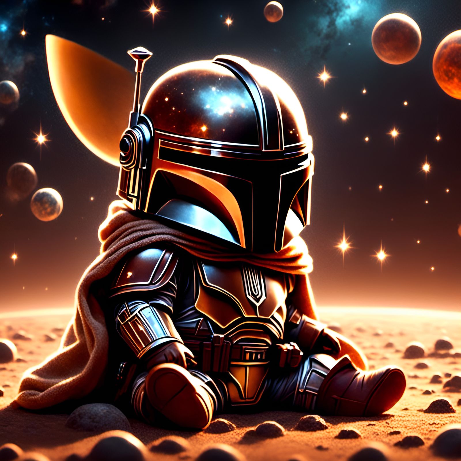 Adorable Chibi Mandalorian Among Stars and Nebulas