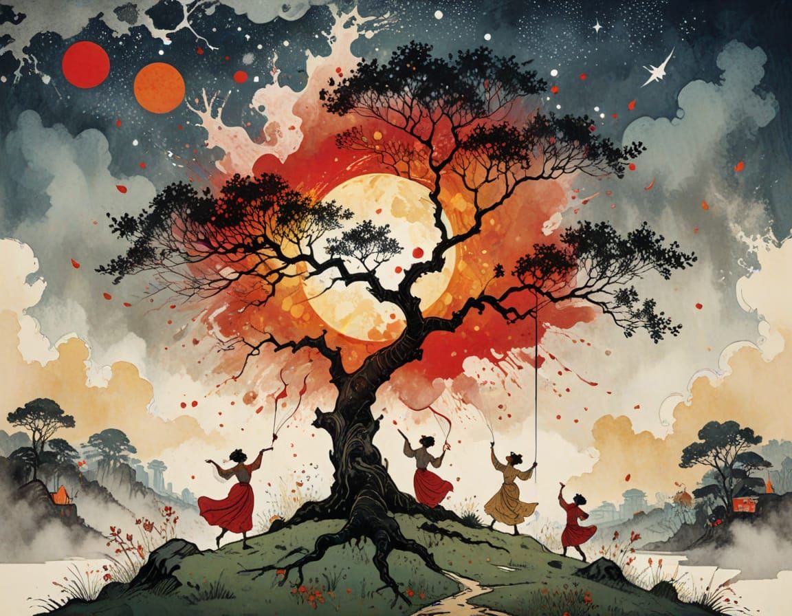 Festival Celebration at the Ancient Tree in Whimsical Ink St...