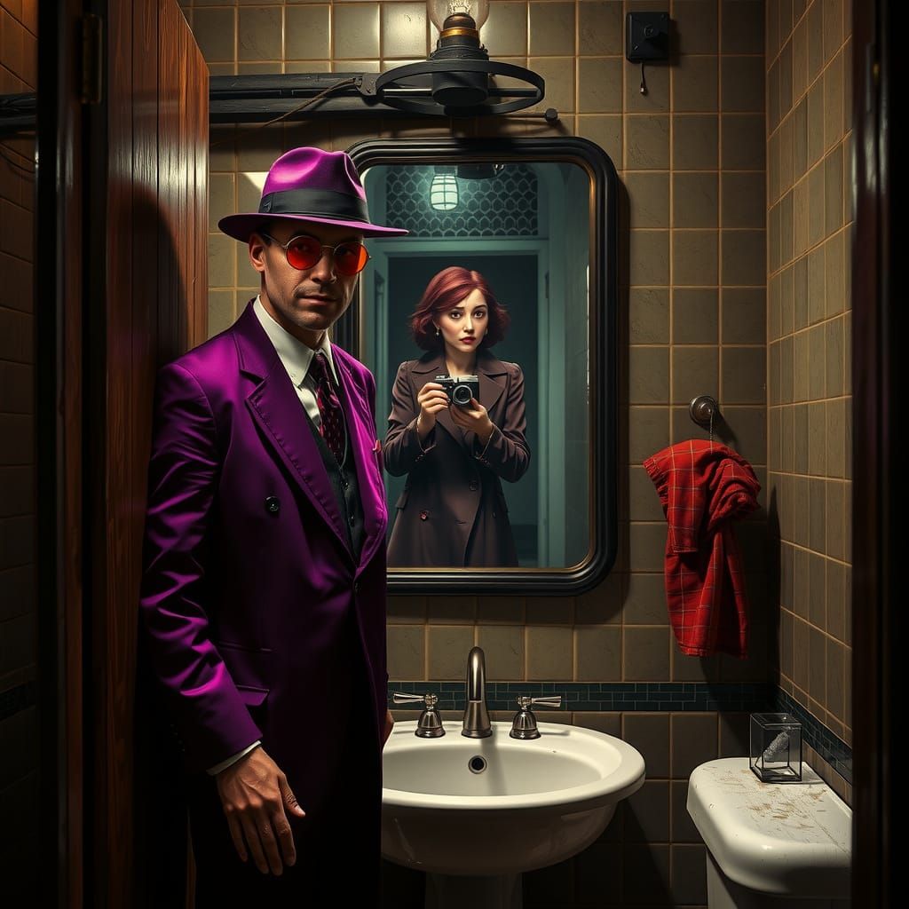 Stark Noir Steampunk Detective in Gritty Hotel Bathroom