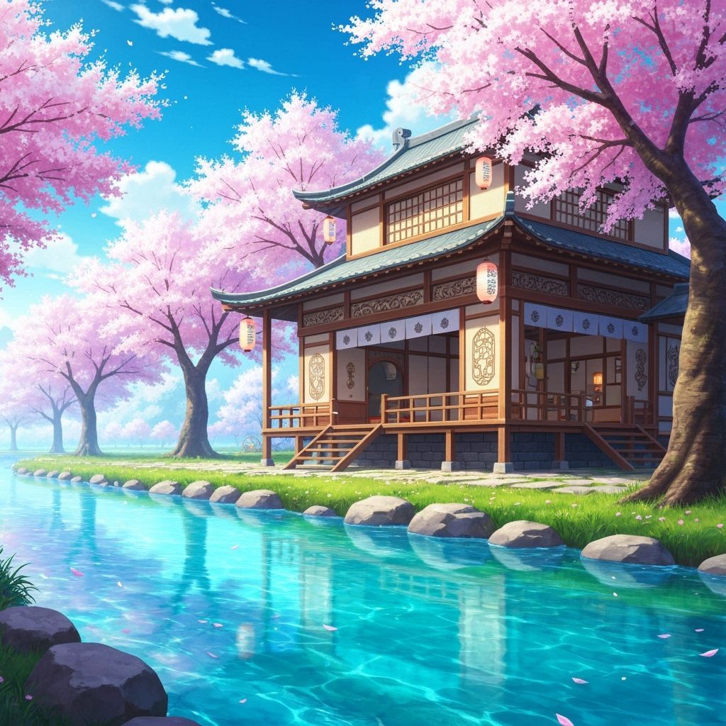 Anime Tea House by River with Cherry Blossoms