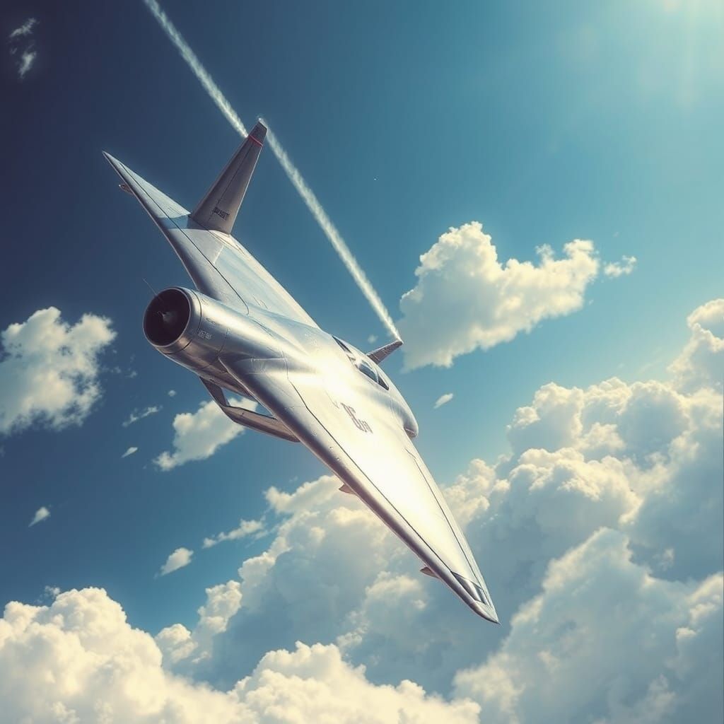 Futuristic Aircraft soars through a brilliant blue sky