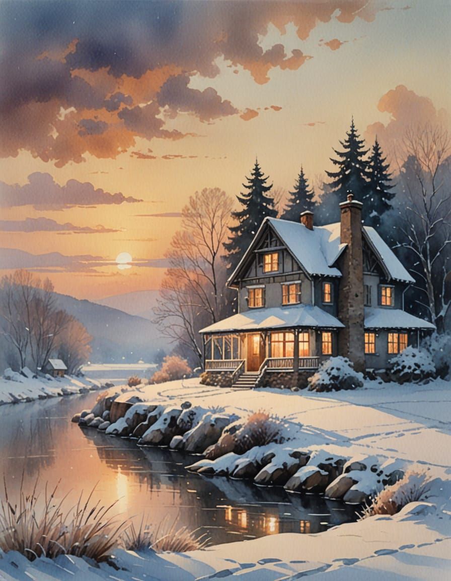 Cozy Winter Cottage Overlooking River at Dusk