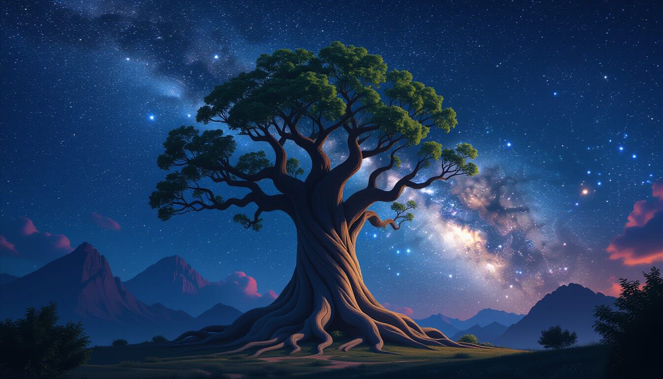 Chibi World Tree In Cosmic Nebula Night Sky