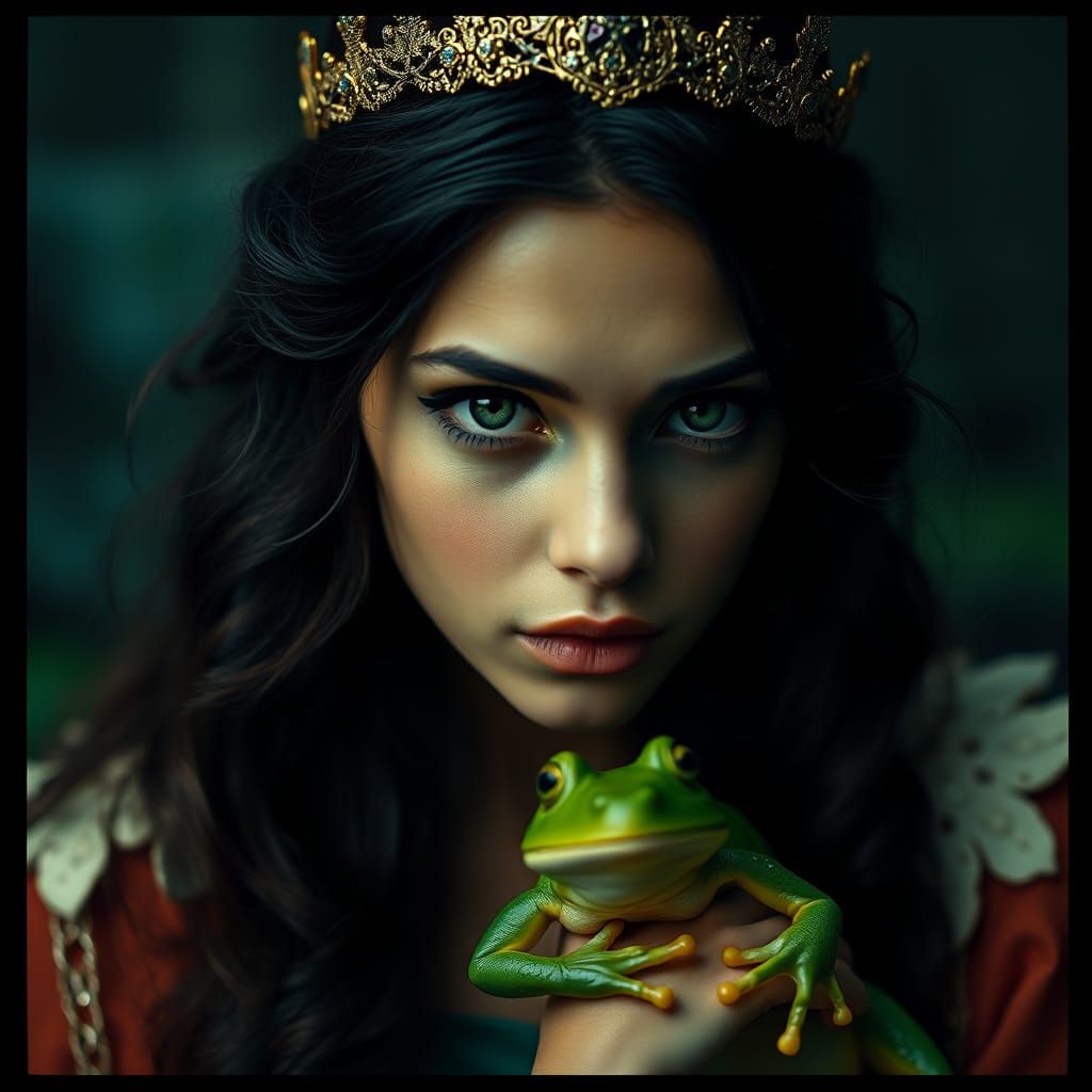 Regal Frog Princess in Vintage Cinematic Style