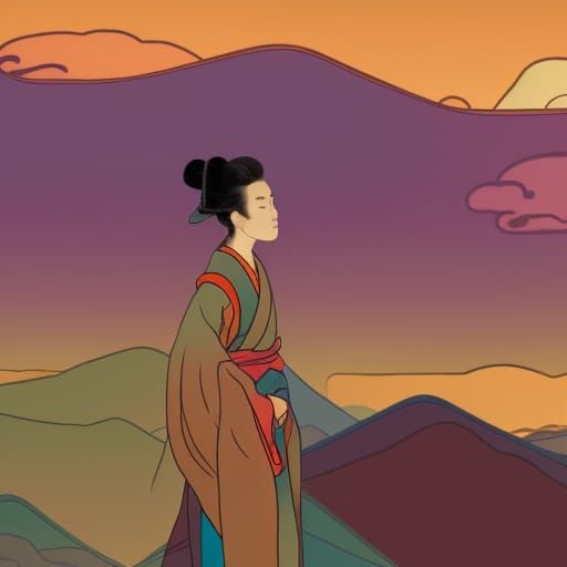 Woman Gazing at Mountain Sunset in Ukiyo-e Style