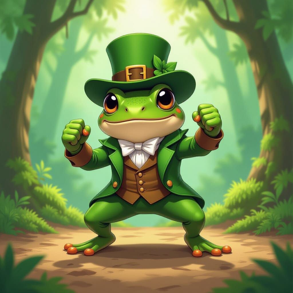 Coqui Frog as Cartoon Leprechaun in Fighting Stance