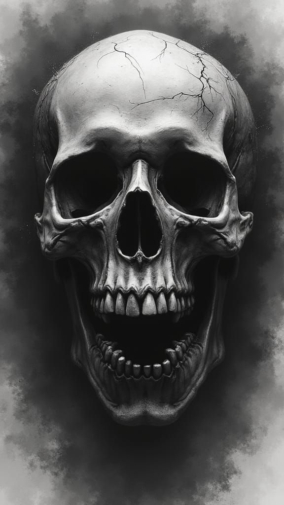 Decaying Skull Emerges from Void in Charcoal Style