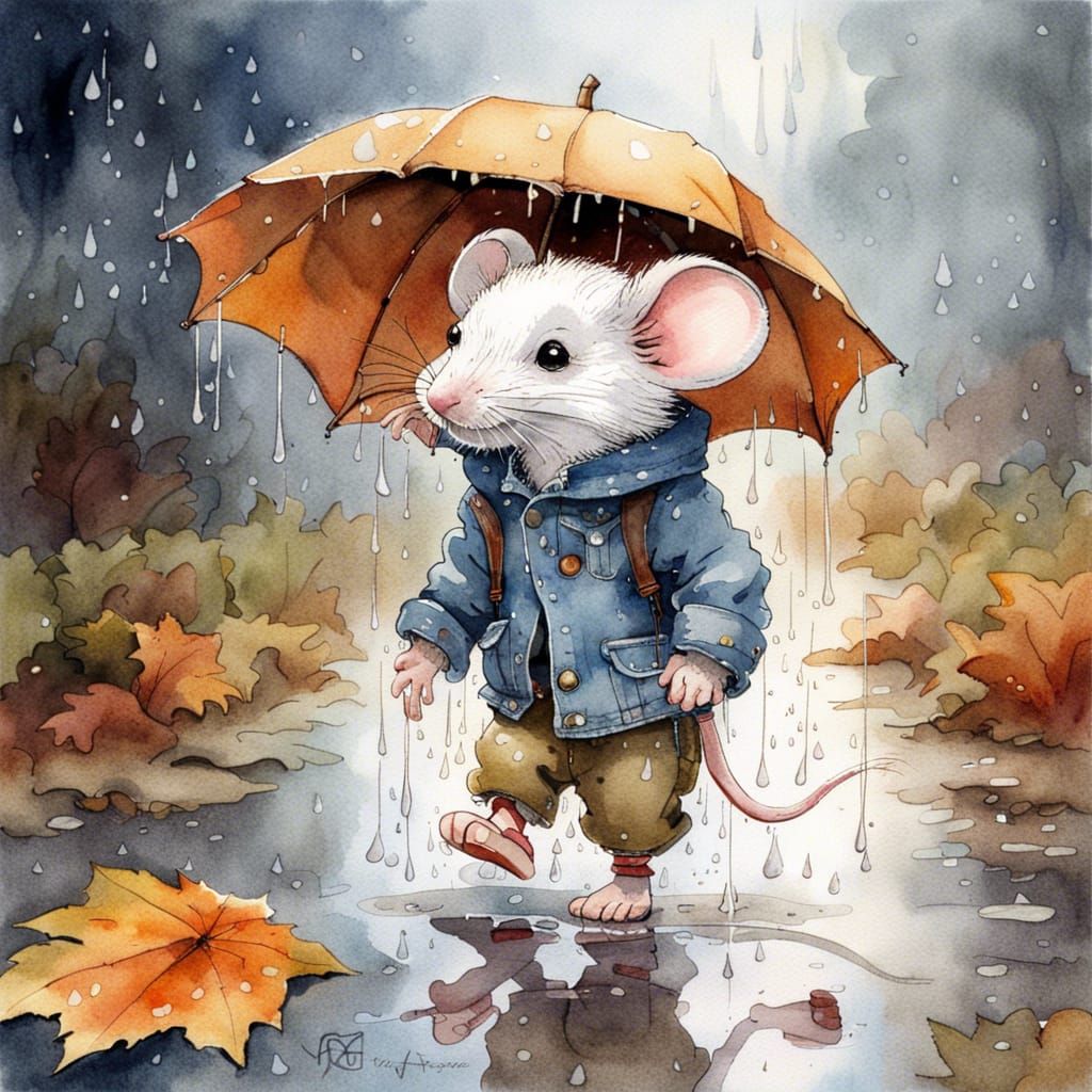 Mouse Walks in Autumn Rain: Watercolor Splash Art