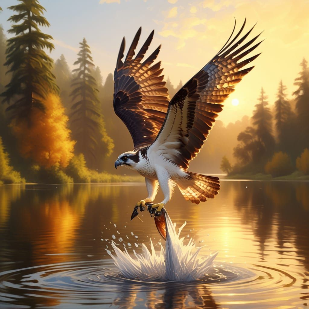 Osprey in Majestic Oil Painting Style Soars Over Serene Lake