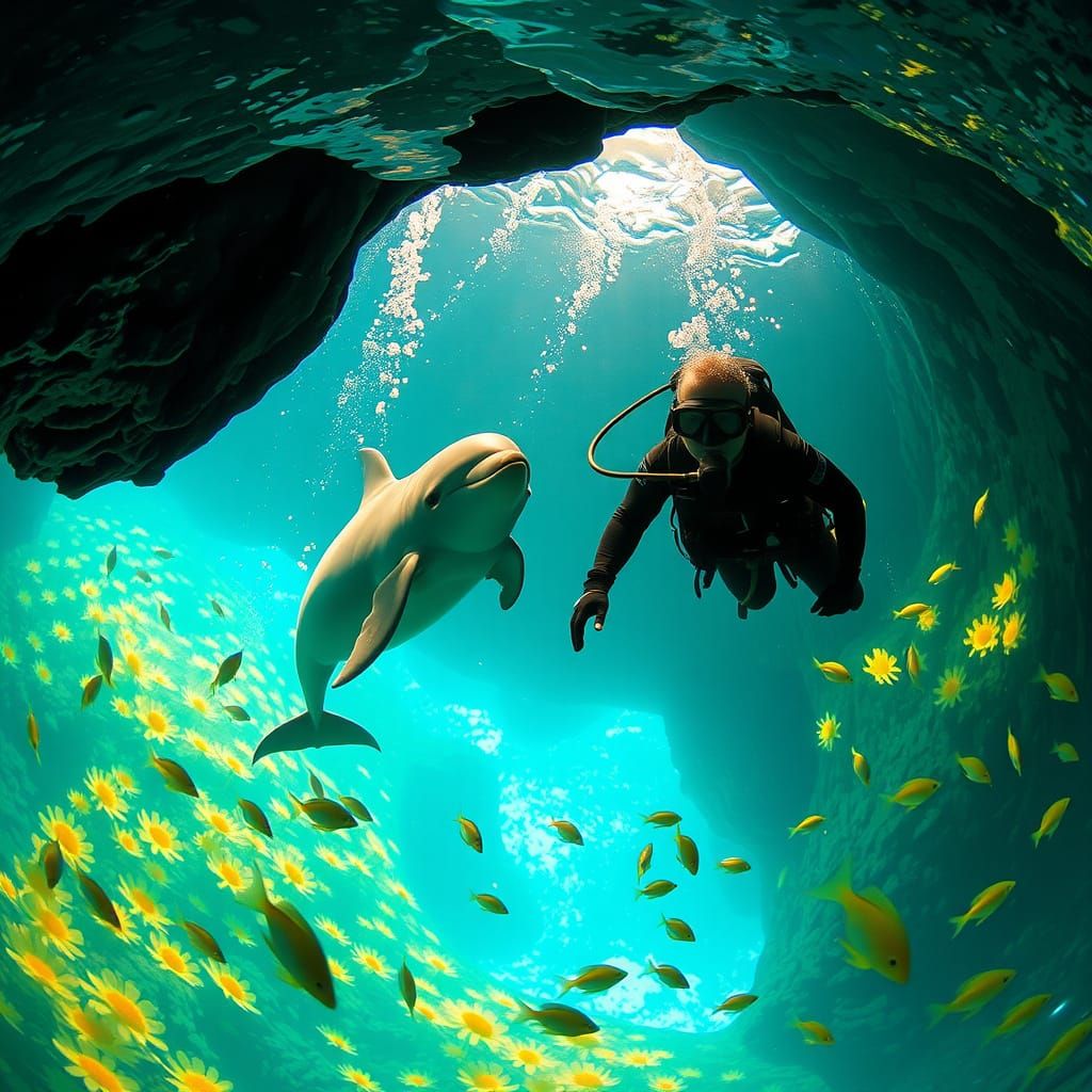 Underwater Cave Diver and Dolphin in Impressionist Style