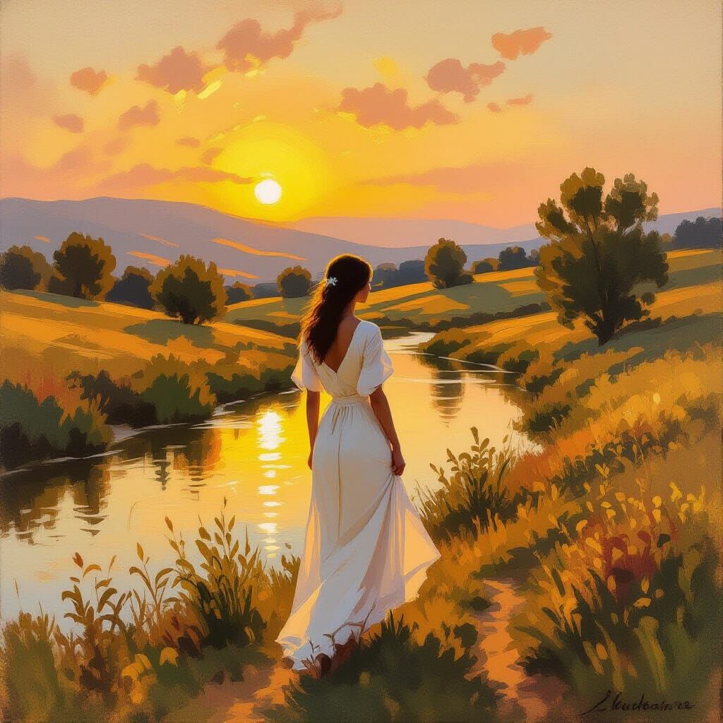 Impressionist Landscape: Woman in Golden Sunset Light