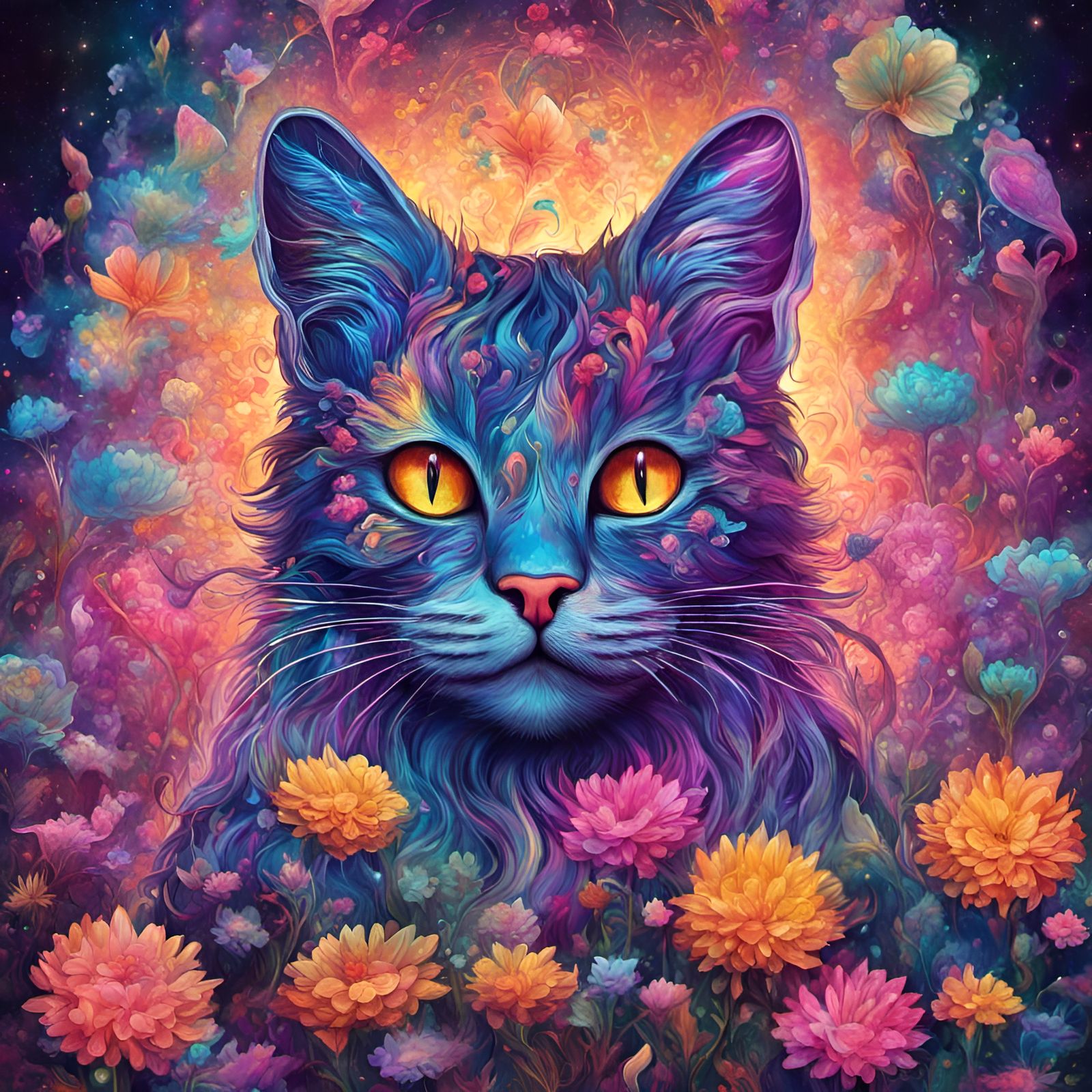 Psychedelic Floral Cat in Visionary Style