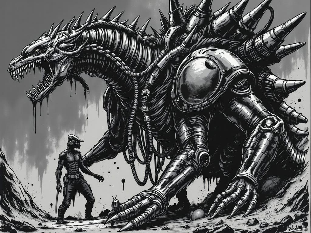 H.R. Giger-Inspired Mechagodzilla Centaur Explodes Space Sta...