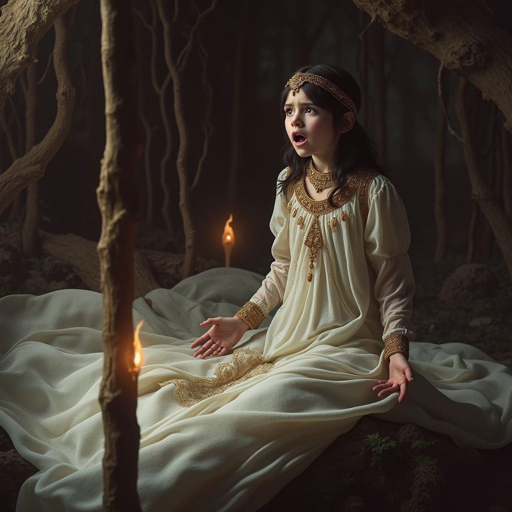 Shocked Girl in Mystical Forest, Matte Painting Style