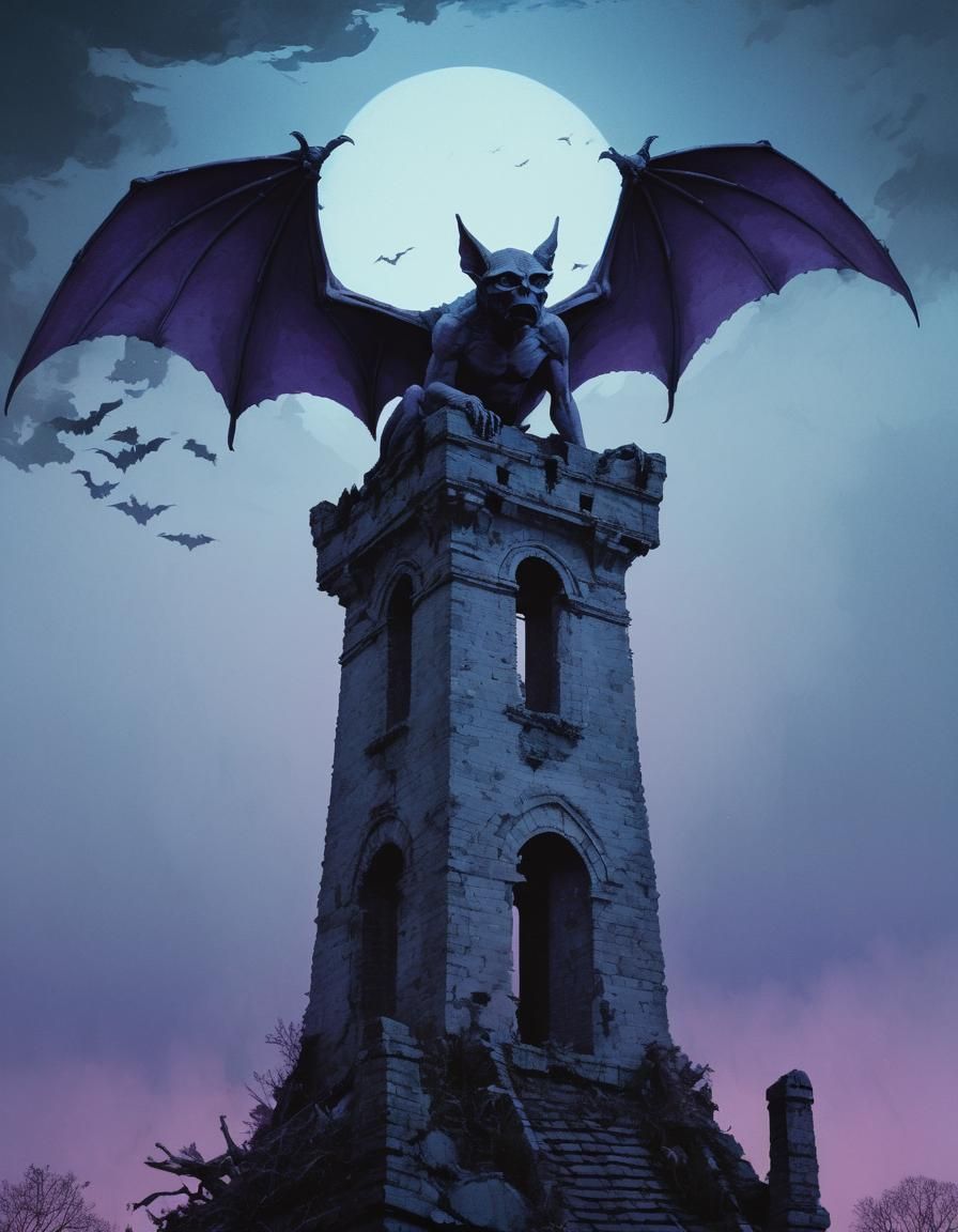 Gargoyle on Ruined Belltower in Ukiyo-e Style