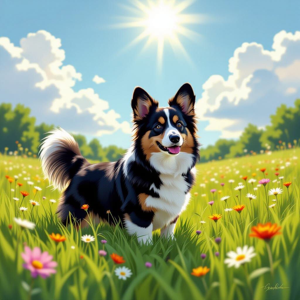 Black Corgi in Wildflower Meadow Digital Painting