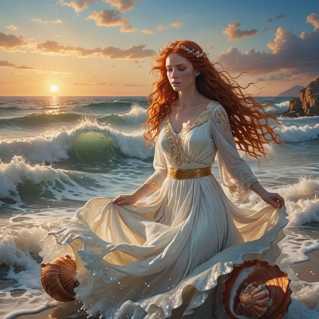Redhead Woman Emerges from Seashell in Fantasy Style