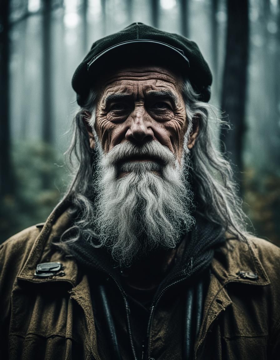 Cyberpunk Old Man Portrait in Dark Forest