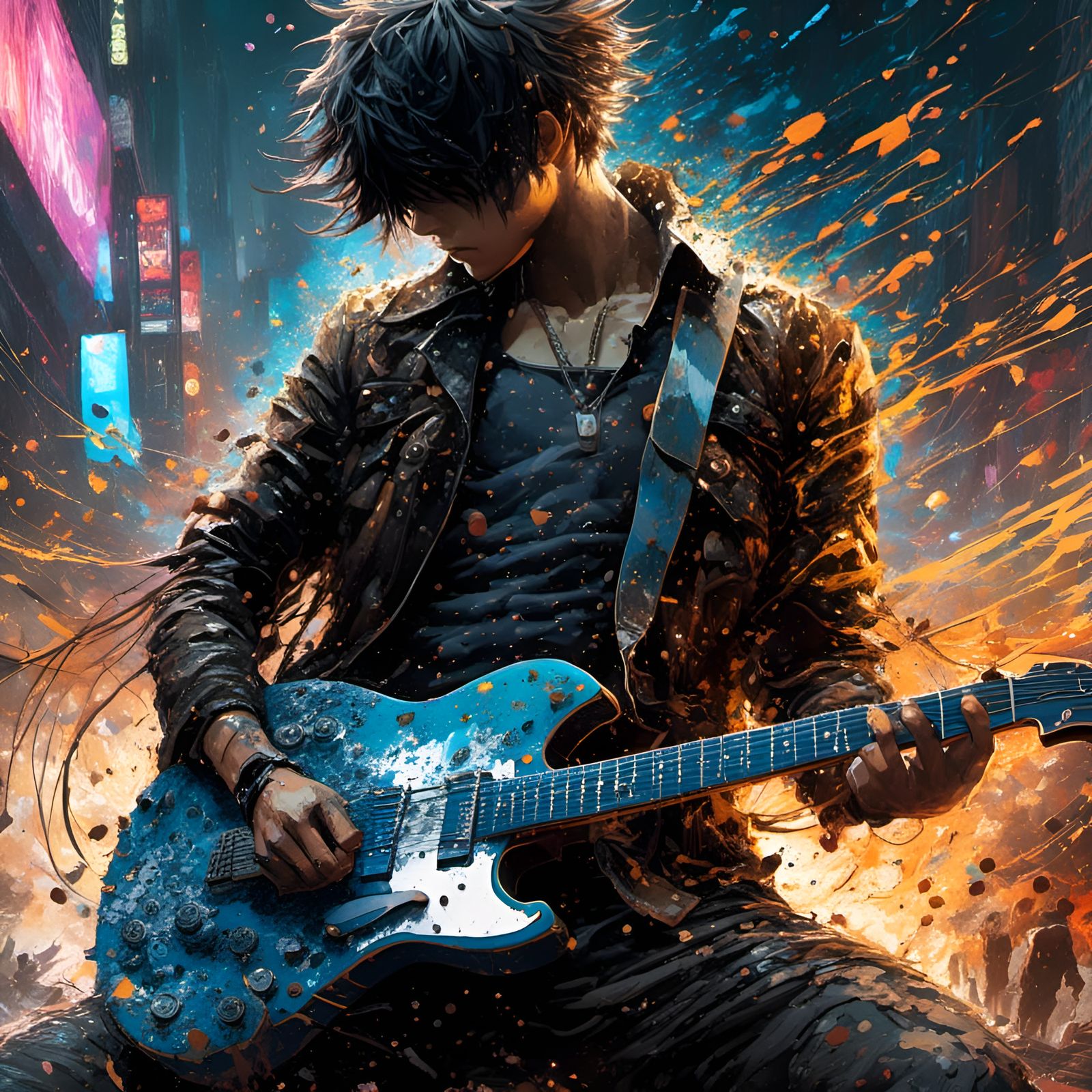 Anime Guitarist Rocks Out in Vibrant Digital Painting