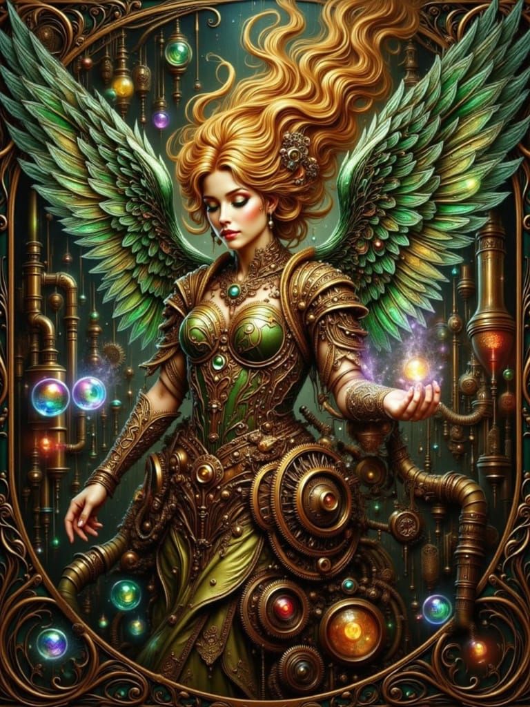 Art Nouveau Steam Angel with Glass Wings and Glowing Orbs