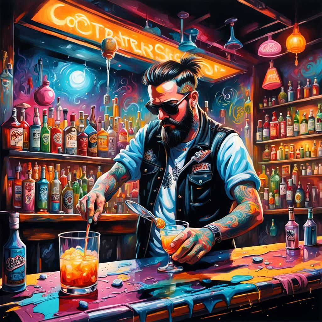 Tattooed Rocker Bartender in Graffiti Art Style