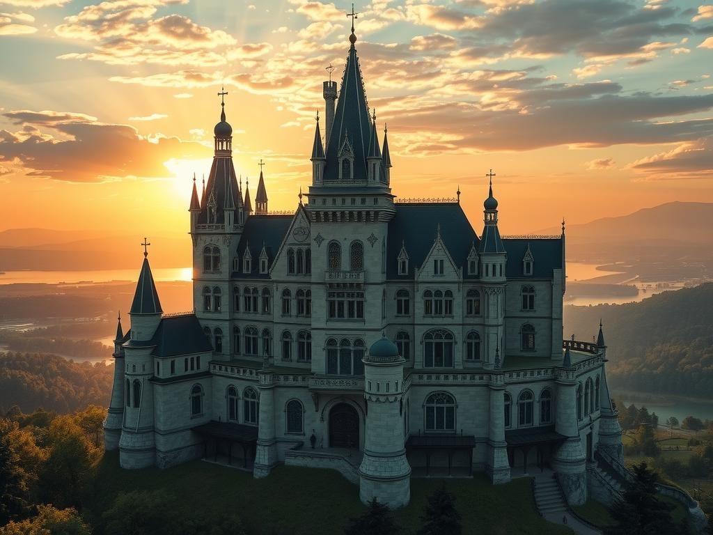 Art Deco Medieval Castle Sunset Landscape