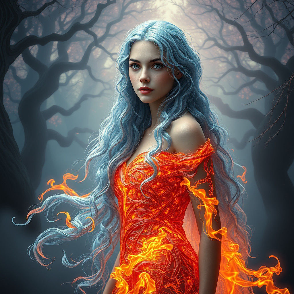 Ethereal Dream Girl in Fiery Gown Amidst Mystic Nature