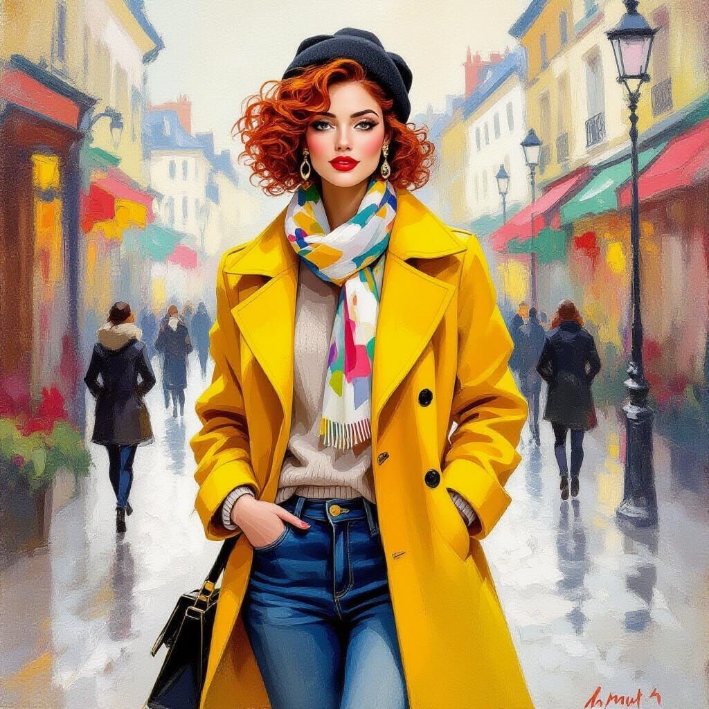 Woman in Yellow Coat with Red Curly Hair