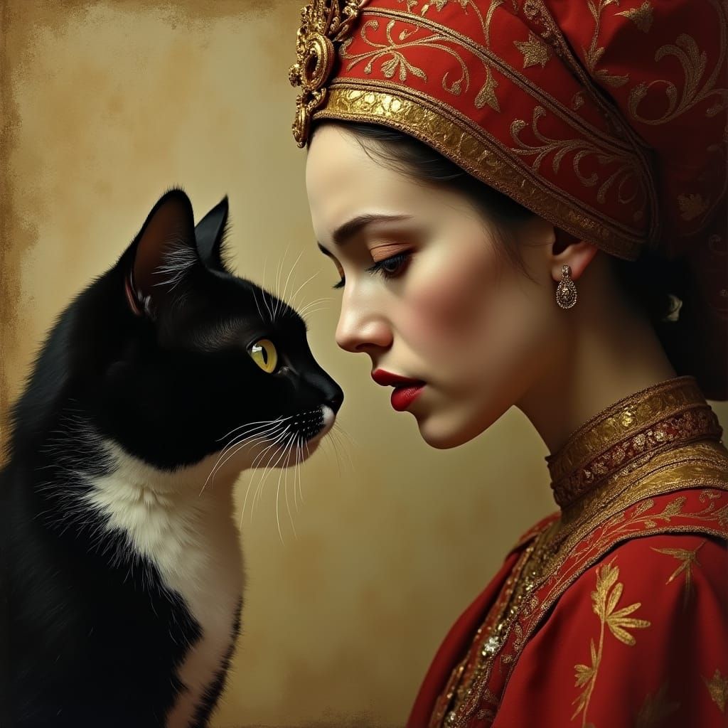 Gothic Surrealist Portrait: Woman and Cat in Dramatic Light