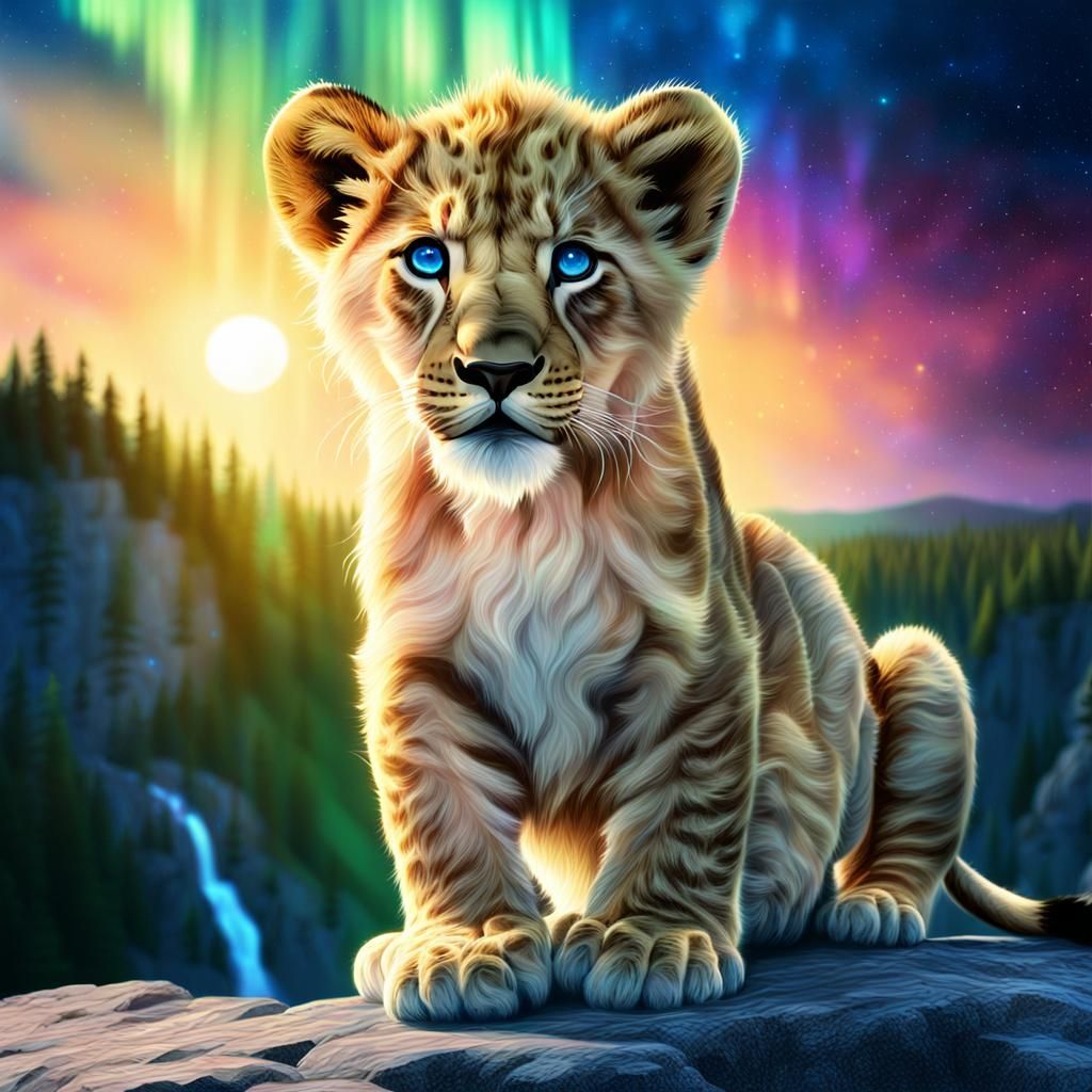 Lion Cub Gazing at Cosmic Horizon, Astral Illustration