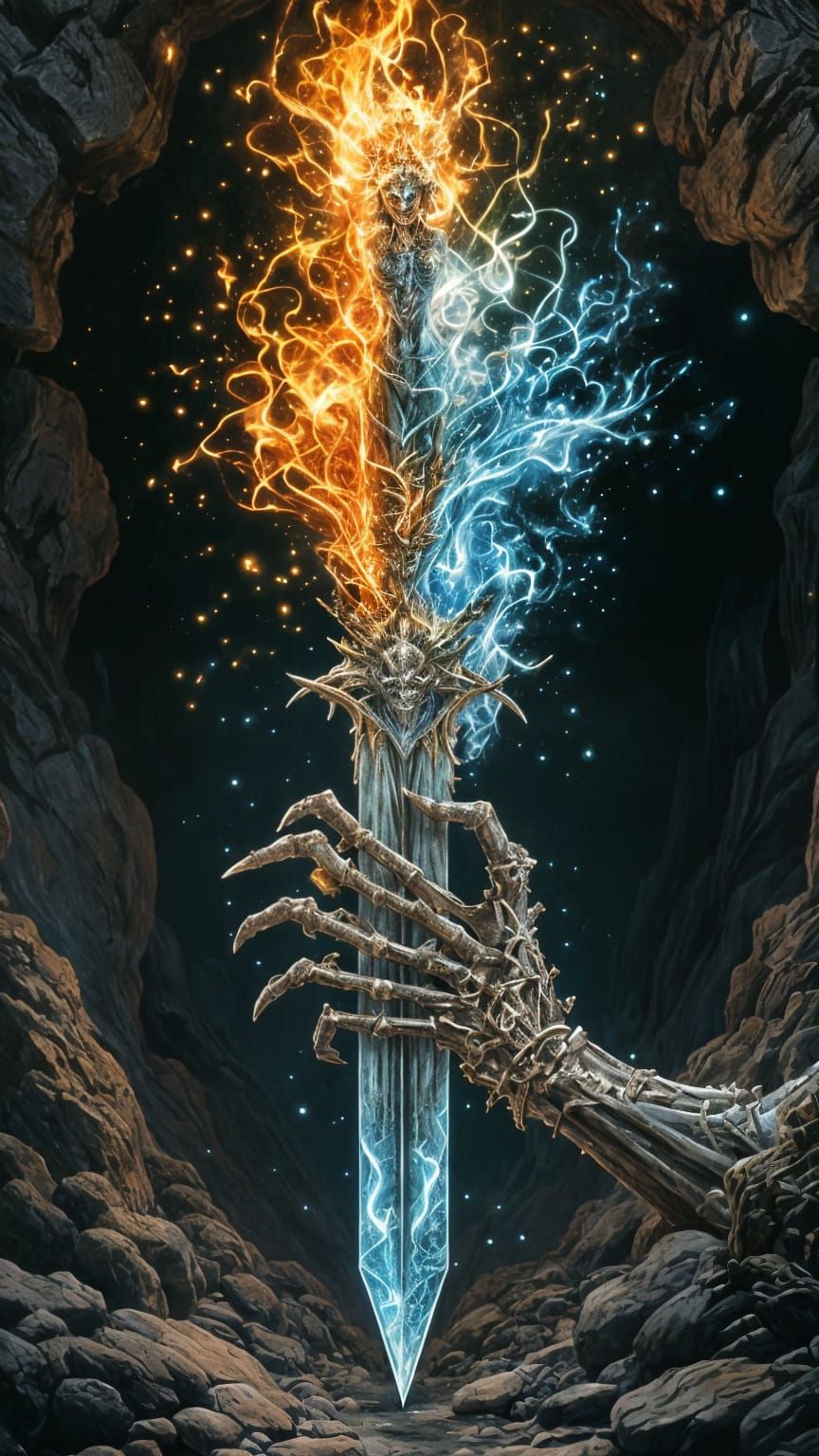 Enchanted Sword of Elements in a Skeletal Hand, Fantasy Mast...