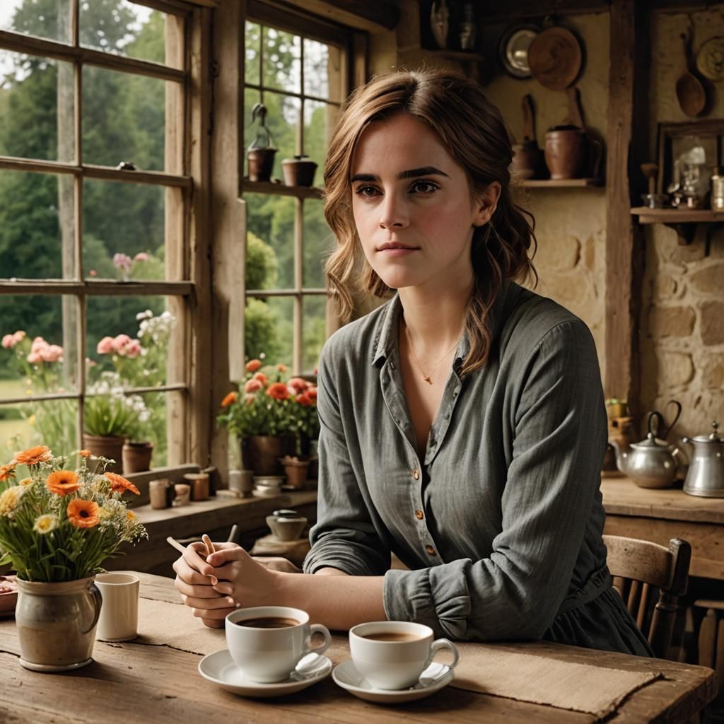 Emma Watson Enjoying Coffee in Rustic Kitchen