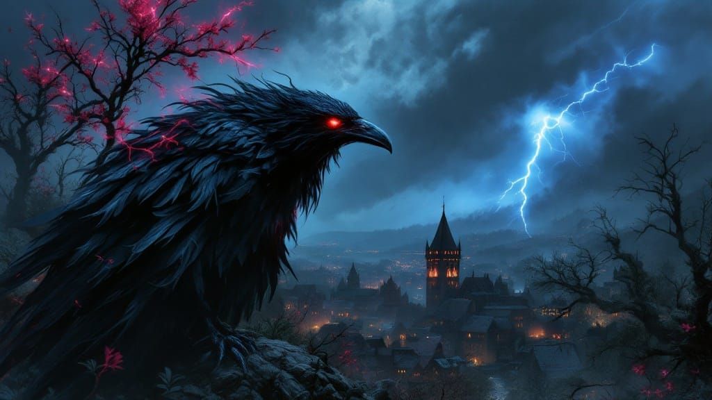 Mysterious Spirit Raven Soars Over Medieval Village at Night