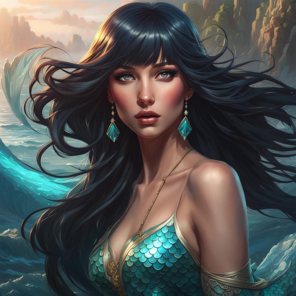 Black-haired Mermaid Portrait in Art Nouveau Style