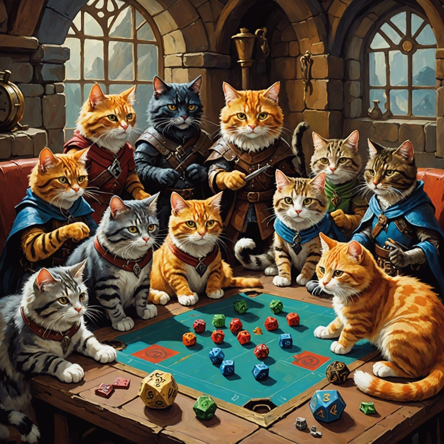 Cats Play D&D: An Oil Painting