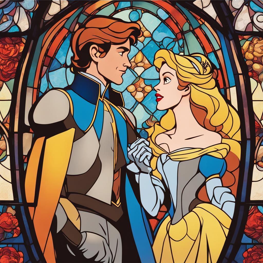 Disney Prince and Princess in Stained Glass Style