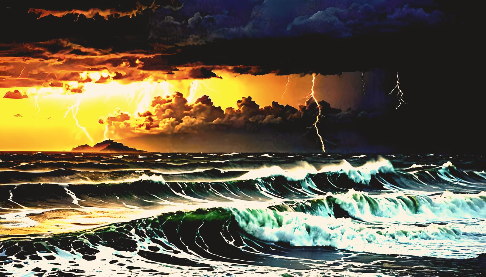 Fierce Sunrise Typhoon over Ocean with Lightning