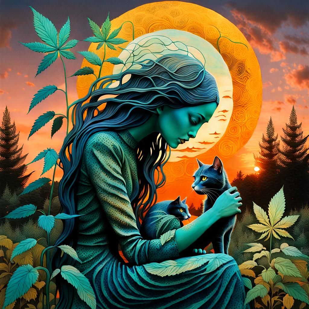 Surreal Woman in Cannabis Garden Bio Art