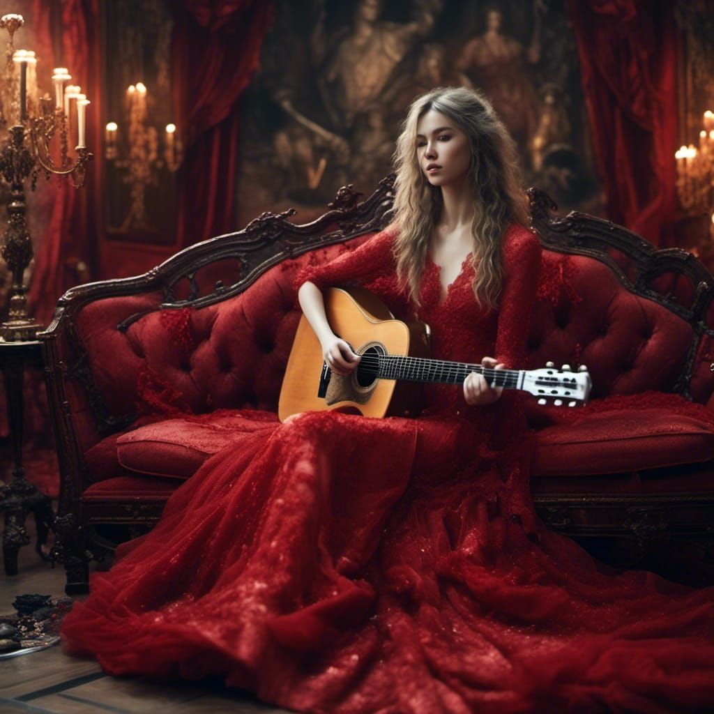 Woman in Red Dress Playing Guitar, Fantasy Art