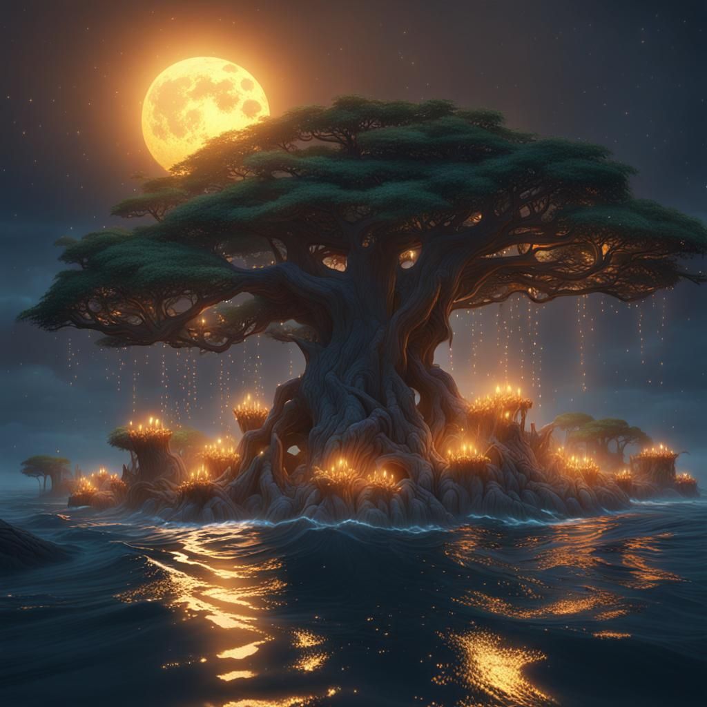 Oceanic African Savanna with Glowing Lights