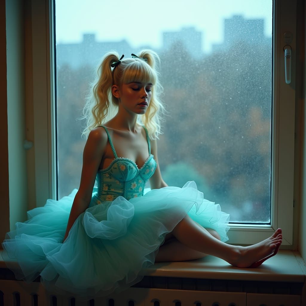 Boy in Cyan Dress on Windowsill at Dusk
