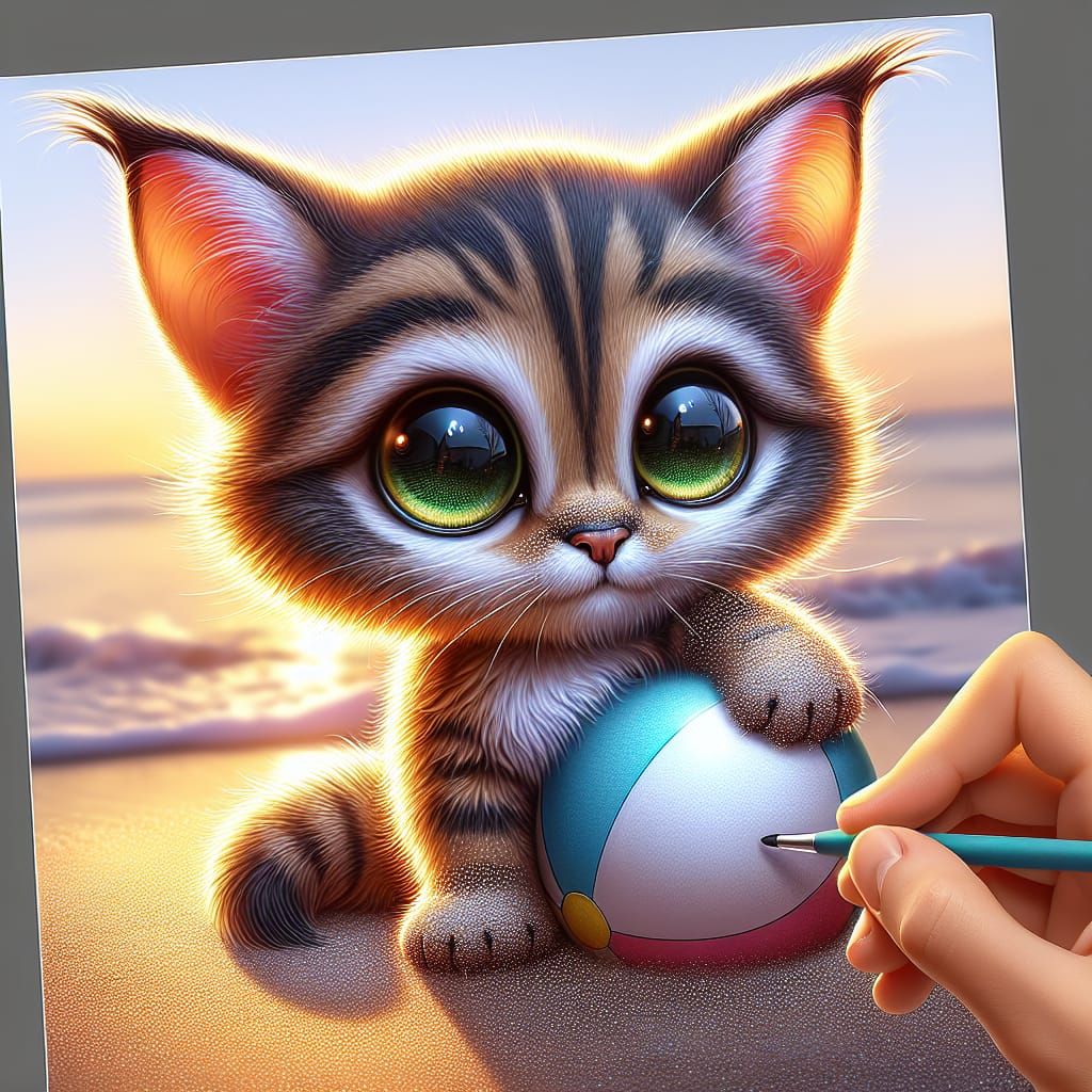 Tabby Kitten with Beach Ball on Sandy Beach