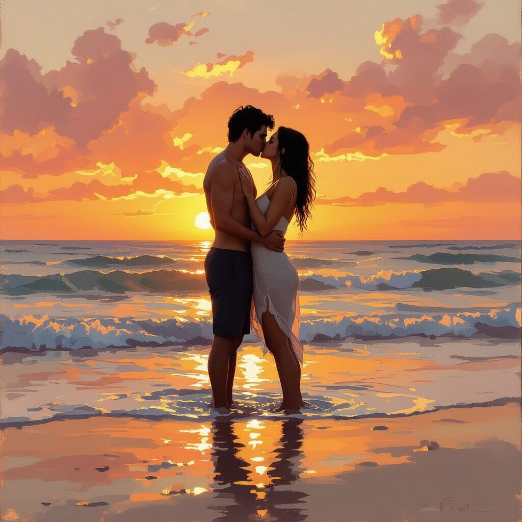 Couple Kissing on Beach at Sunset