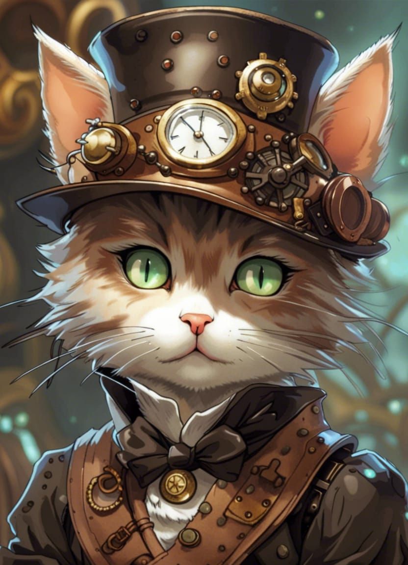 Steampunk Kitten Portrait in Manga Style