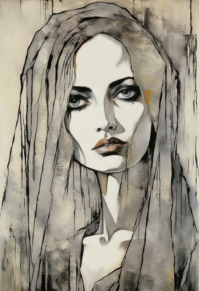 Sad Gothgirl Portrait in High Contrast Impasto Style