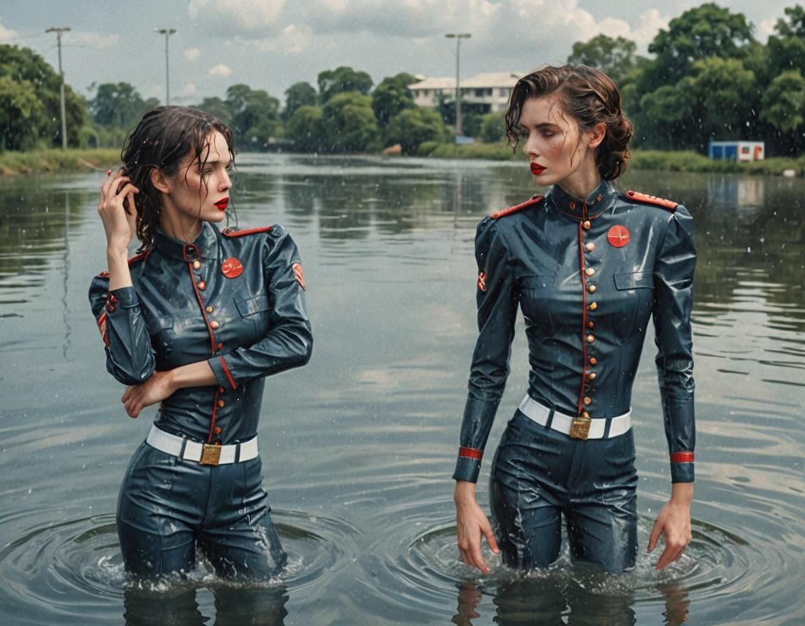 Glamorous Women in Military Uniforms in Water