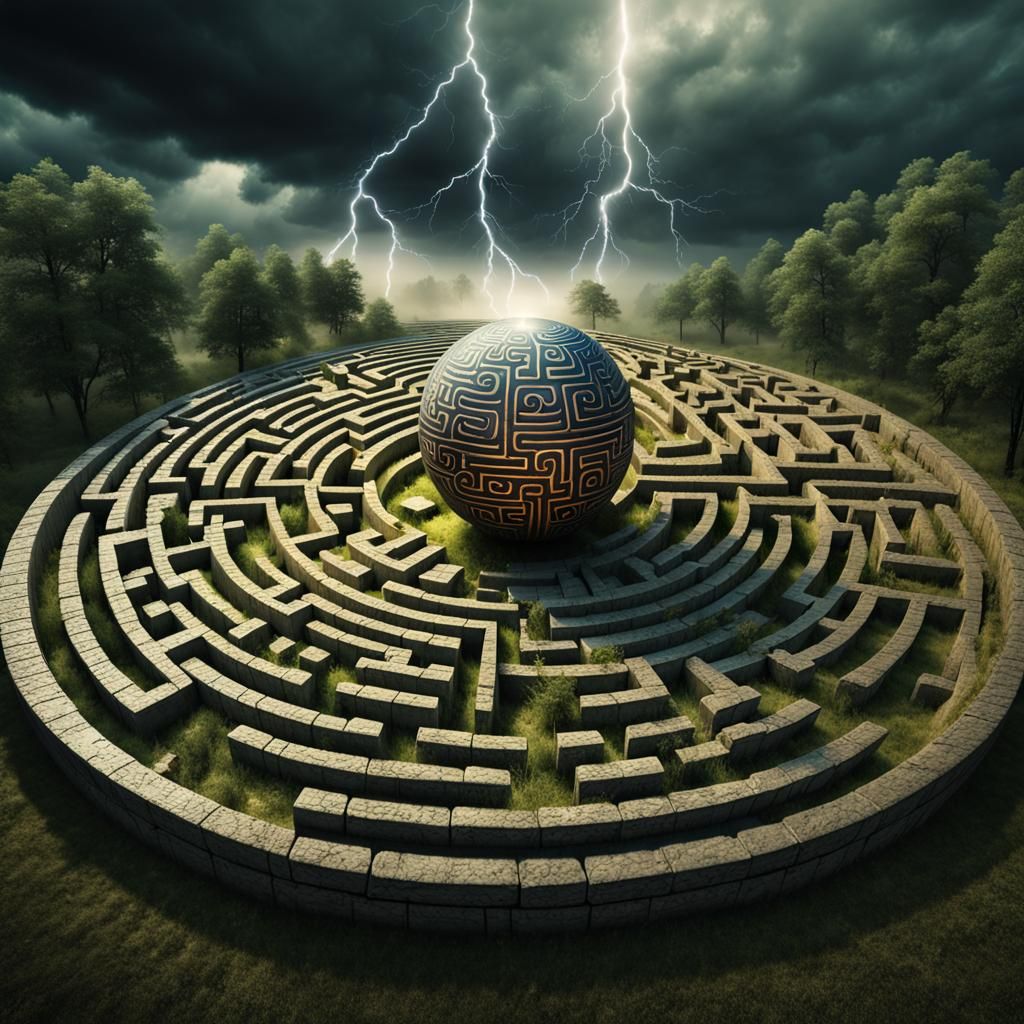 Mystic Maze with Glowing Sphere and Electric Arcs